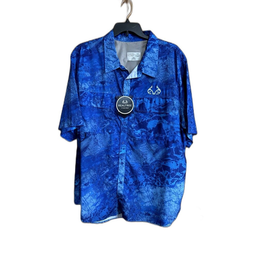 Men's 2xlt Ocean Coast/ Real tree Short Sleeve Button Up Vented Blue Shirt